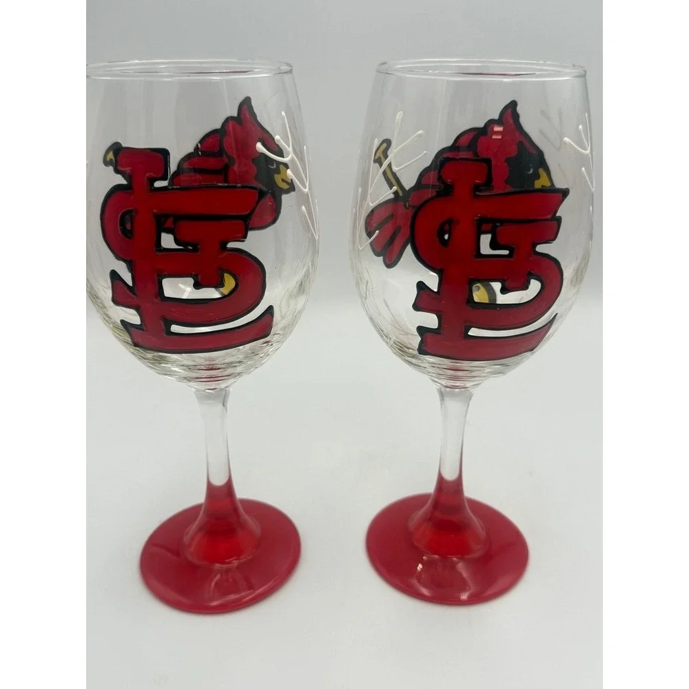 St. Louis Cardinals‎ Wine Glasses Set of 2 Hand Painted MLB Baseball Red Stem